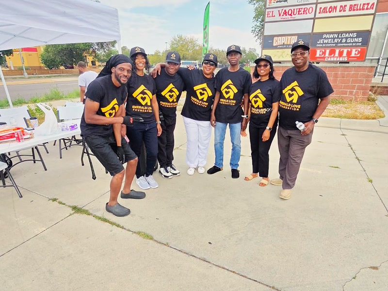 Volunteers gathered at the outreach site in front of the plaza